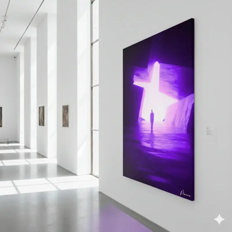 Une peinture sur toile violette frappante présentant une source de lumière en forme d’étoile luminescente au loin, avec une figure solitaire debout en dessous.
