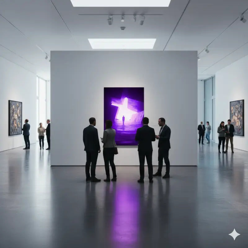 Un tableau abstrait violet frappant présentant une figure luminescente, illuminée, sur un fond sombre.