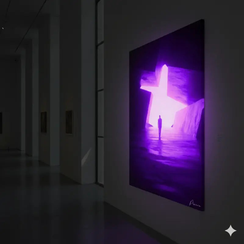 Une peinture sur toile violette lumineuse représentant une figure solitaire se tenant devant une arche en forme d’étoile illuminée.