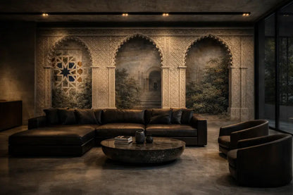 Canapé d’angle en cuir marron foncé avec un design moderne et élégant et des coussins moelleux.