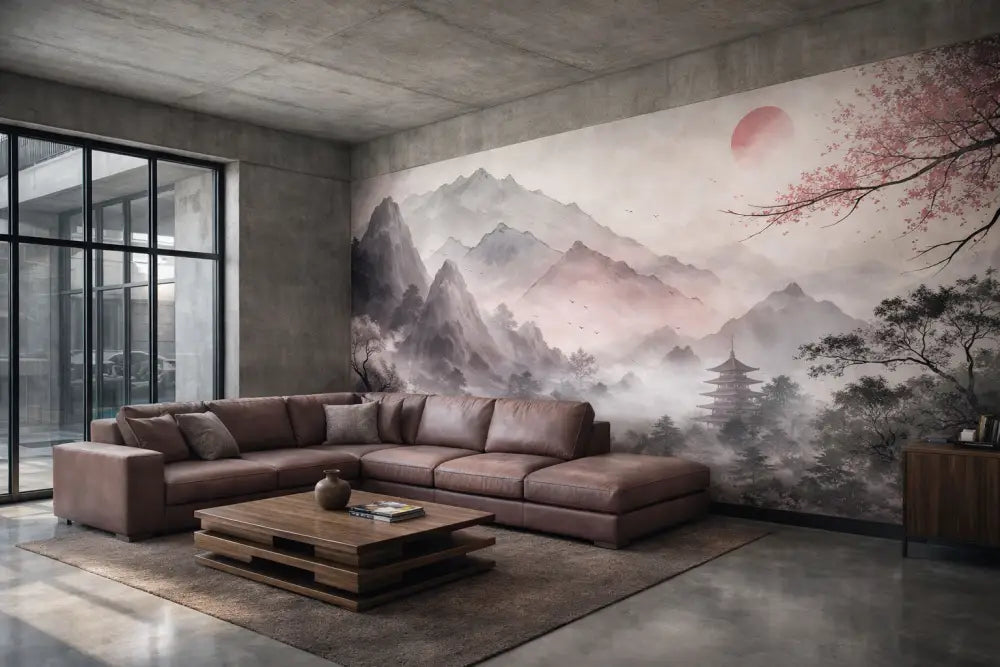 Canapé d’angle en cuir marron avec coussins moelleux et un design moderne et minimaliste.