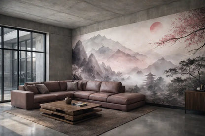 Canapé d’angle en cuir marron avec coussins moelleux et un design moderne et minimaliste.