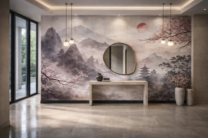 Le mur présente une grande fresque détaillée avec des montagnes brumeuses et des cerisiers en fleurs dans des gris, des roses et des bruns doux.