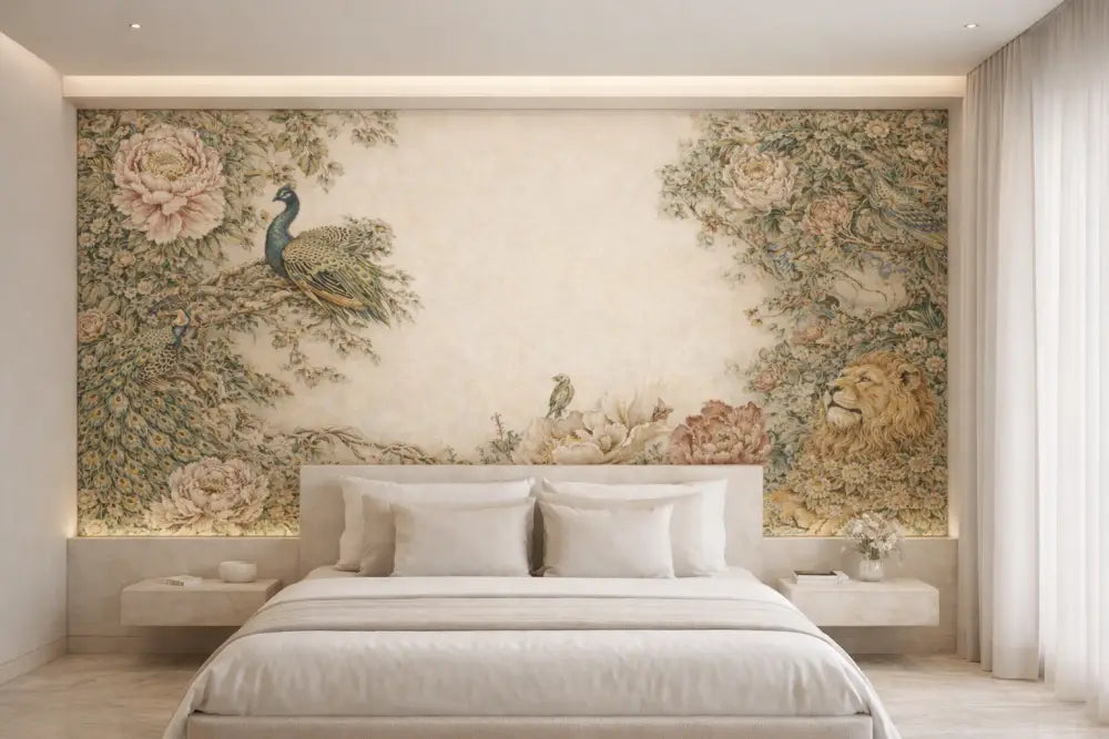 Papier peint mural beige et or représentant un paon et un lion avec un motif floral complexe.