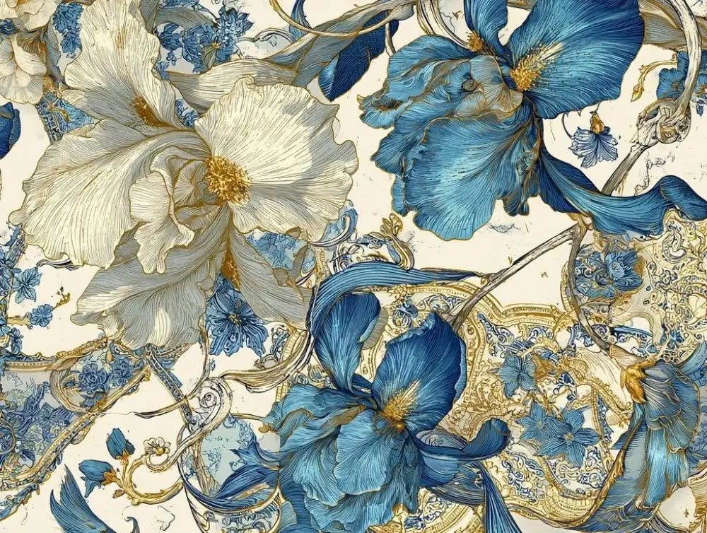 Tissu élégant orné d’un motif floral luxueux avec des fleurs d’un bleu profond et d’un beige crème rehaussées de détails dorés.
