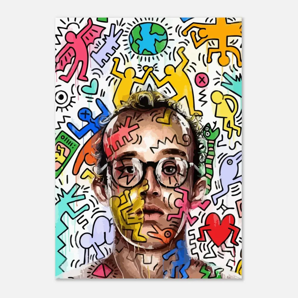 Impression de portrait vibrant dans un style cartoon mettant en scène un homme portant des lunettes et des figures abstraites colorées l’entourant avec des contours audacieux.