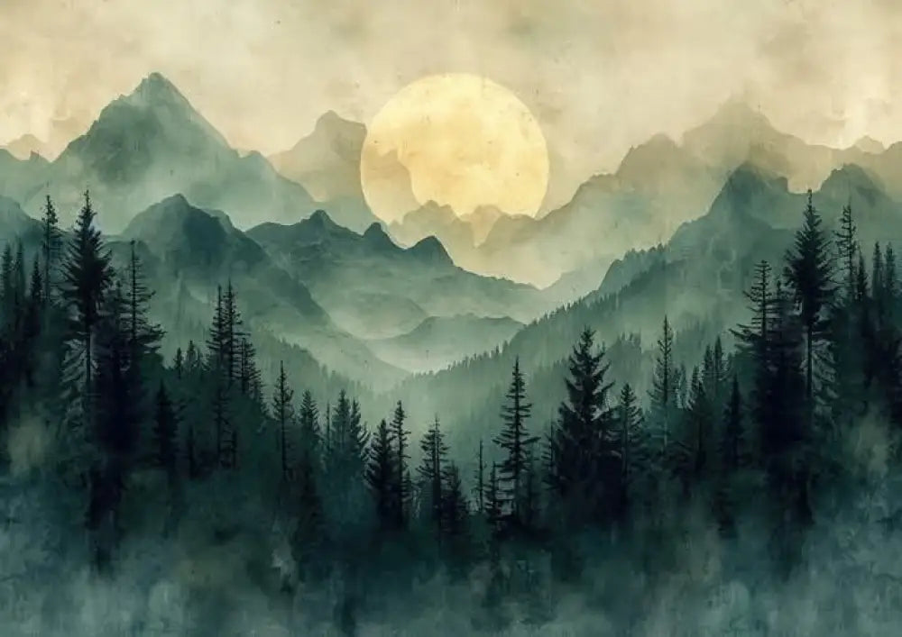 Papier Peint Panoramique Montagne Brumeuse & Lune Dorée – Fresque Murale Premium | Pixara