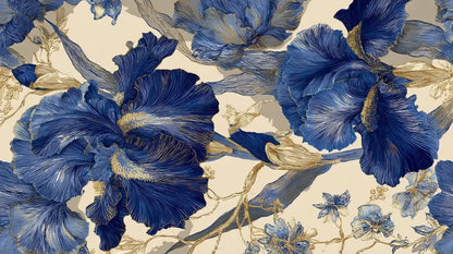 Iris bleues profondes avec des accents dorés sur un fond de couleur crème.