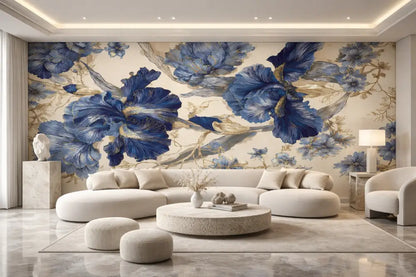 Le mur présente une grande fresque ornée d’iris bleu foncé avec des accents dorés sur un fond blanc cassé.