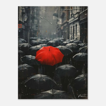 Un parapluie rouge vif se distingue au milieu d’une mer de parapluies noirs sous la pluie.