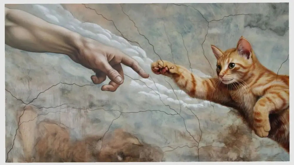 Un chaton roux tigré avec une fourrure rayée et de grands yeux curieux tend la patte vers une main humaine dans une réinterprétation ludique de la scène de la création.