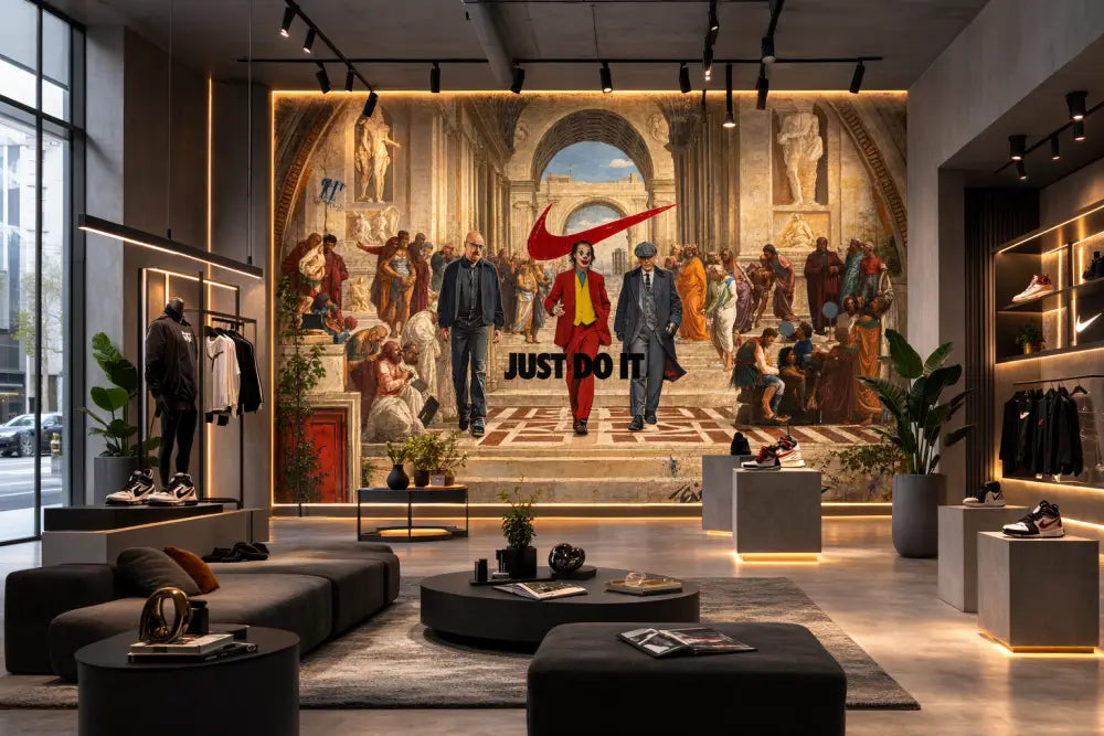 Un logo Nike Swoosh rouge vibrant affiché de manière proéminente sur un grand arrière-plan de fresque détaillée dans le magasin.