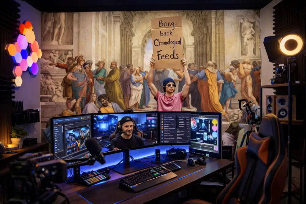 Un homme en chemise rose et casquette bleue tient en l’air un carton sur lequel est écrit ’ramenez les flux chronologiques’.
