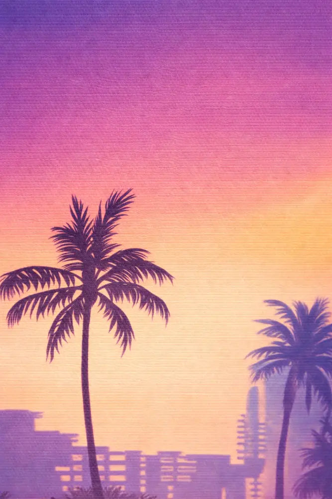 Silhouette d’un palmier contre un ciel dégradé vibrant passant du violet à l’orange.