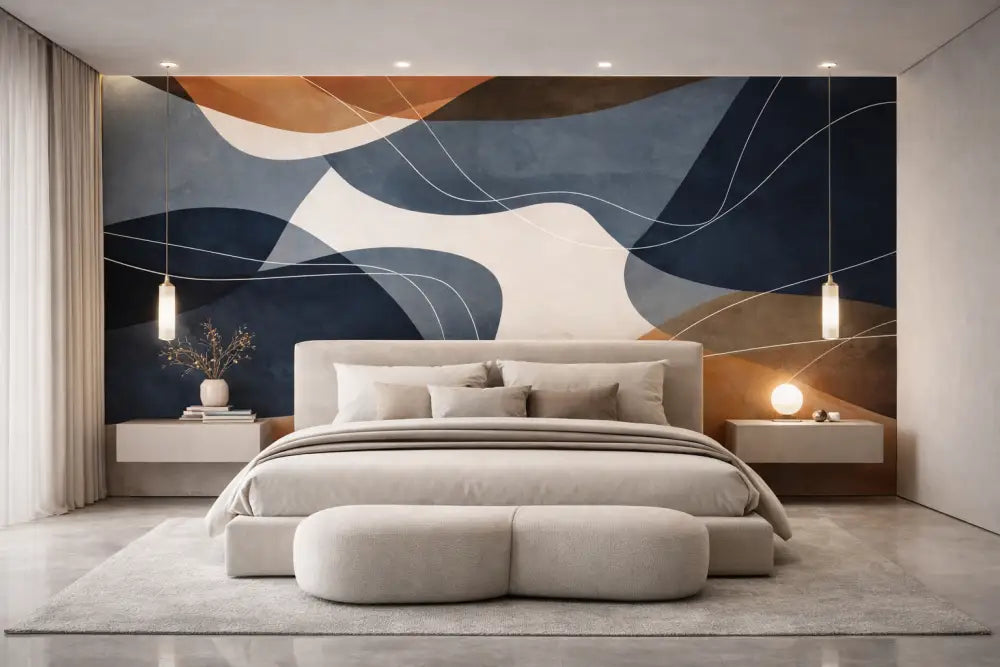 Lit capitonnée beige avec pouf assorti et tables de chevet minimalistes contre un fond de murale abstraite audacieuse.