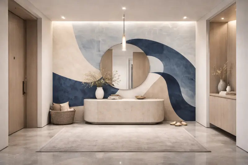 Un miroir élégant en forme ovale avec un cadre minimaliste est suspendu au centre au-dessus d’une table console moderne dans un vestibule élégamment conçu.