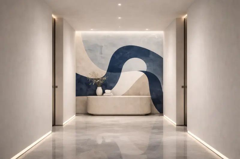 Un bureau d’accueil beige élégant et courbé, avec une surface lisse et un design minimaliste.