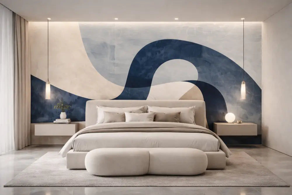 Lit moderne capitonné beige avec un design épuré et minimaliste et un ottoman assorti.