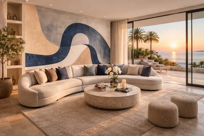 Canapé sectionnel courbé beige avec coussins moelleux et un design moderne et minimaliste.