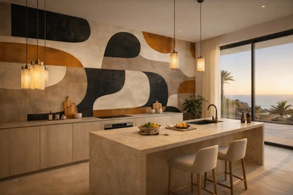 Île de cuisine en marbre beige avec évier et plan de travail intégrés.