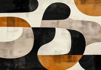Art mural abstrait mettant en scène des formes géométriques audacieuses en noir, blanc et orange chaleureux, avec une finition texturée et picturale.