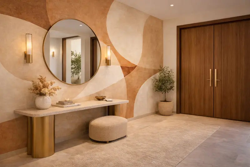 Console cylindrique à finition or avec un design épuré et minimaliste et un plateau en pierre lisse.