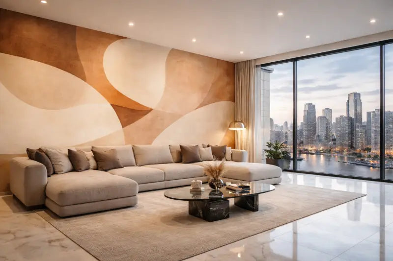 Canapé d’angle beige avec coussins moelleux et un design moderne et minimaliste.