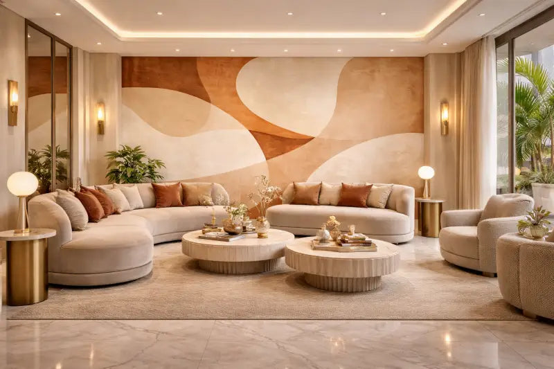 Canapé d’angle beige avec coussins moelleux et un design courbé et moderne.