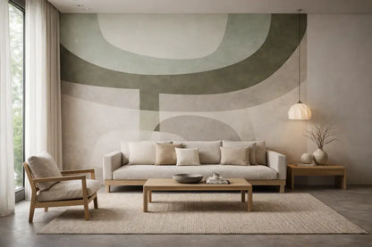 Canapé rembourré beige avec accoudoirs et pieds en bois, positionné au centre d’un salon minimaliste.