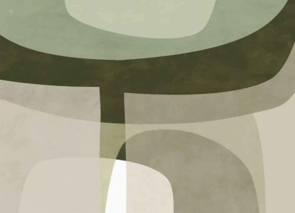 Art mural géométrique abstrait mettant en scène des formes superposées en vert olive et beige aux tons feutrés, avec un design texturé moderne minimaliste.