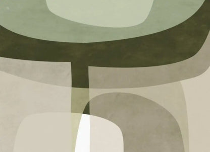 Art mural géométrique abstrait mettant en scène des formes superposées en vert olive et beige aux tons feutrés, avec un design texturé moderne minimaliste.