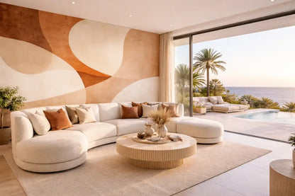 Canapé sectionnel en tissu crème, moelleux, avec des coins arrondis et un design courbé.