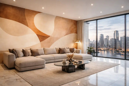 Canapé d’angle beige avec coussins moelleux et un design moderne et minimaliste.