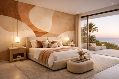 Lit capitonné beige avec un pouf assorti et des oreillers superposés en tons neutres.