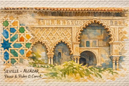 Une peinture à l’aquarelle de l’Alcázar de Séville, présentant des détails architecturaux géométriques et arqués complexes avec des tons chauds de terre et des accents bleu-vert vibrants.
