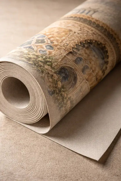 Un papier peint beige enroulé présentant un design architectural complexe de style vintage en ors et bleus atténués.