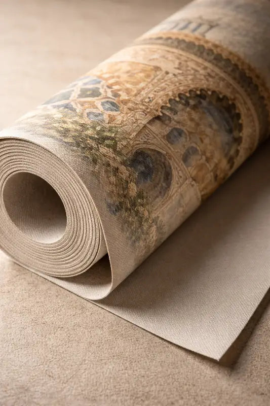 Un papier peint beige enroulé présentant un design architectural complexe de style vintage en ors et bleus atténués.