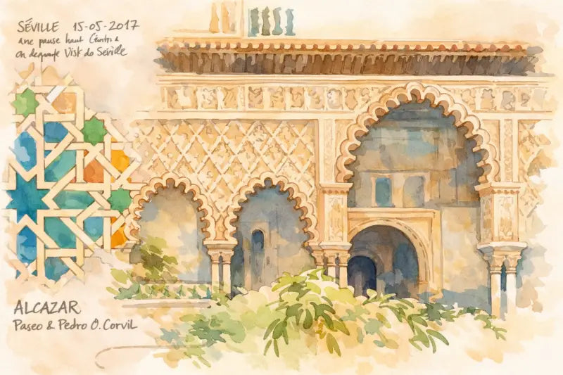 Illustration aquarelle de l’Alcazar de Séville, présentant des motifs géométriques et arabesques intricés en tons terre atténués avec des accents de teal et de vert.