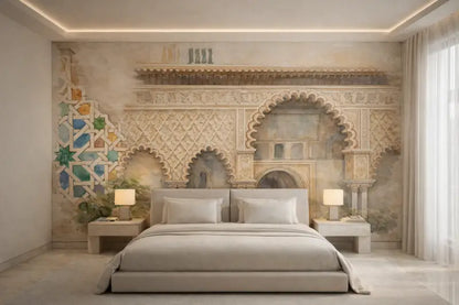 Lit capitonné beige avec des oreillers assortis et un édredon doux aux tons neutres.