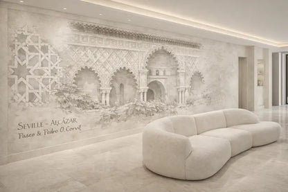 Canapé incurvé en tissu crème, moelleux, avec un design moderne minimaliste.