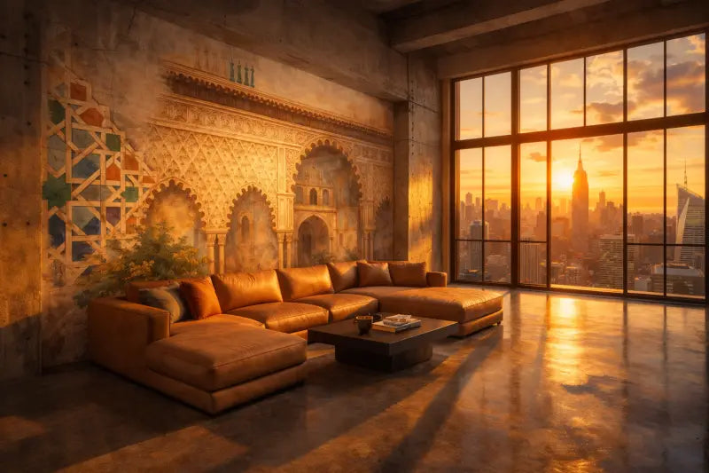 Canapé d’angle en cuir marron avec un design moderne en forme de L et des coussins moelleux.