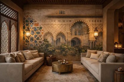 La pièce comporte une paire de canapés tapissés beige avec des coussins assortis, disposés symétriquement autour d’une table basse ronde finition bronze.