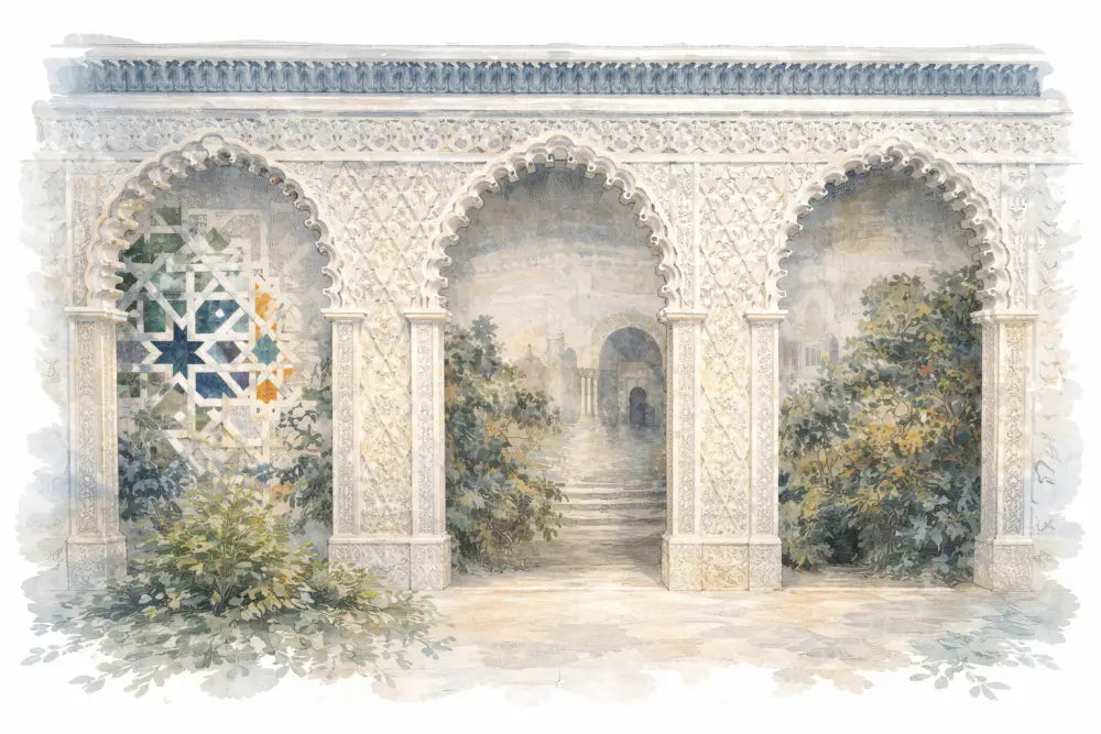 Arc de pierre blanche élaborée avec des gravures géométriques ornées et un plafond décoré de carreaux bleus au-dessus