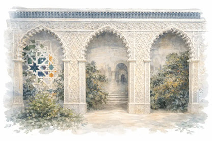 Arc de pierre blanche élaborée avec des gravures géométriques ornées et un plafond décoré de carreaux bleus au-dessus