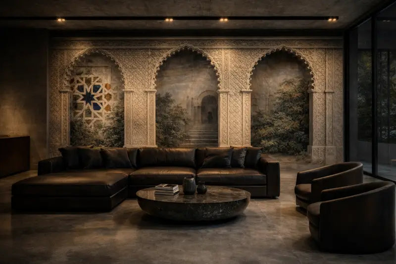 Canapé d’angle en cuir marron foncé avec un design moderne et élégant et des coussins moelleux.