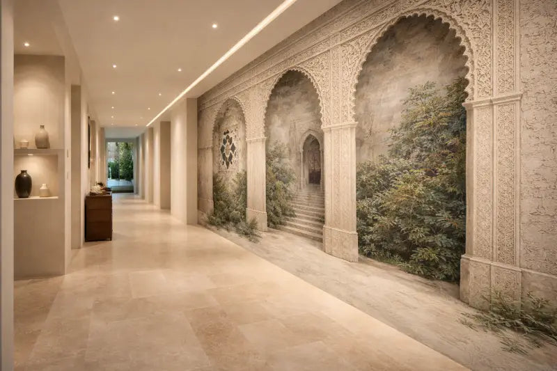 Mural d’arche en pierre beige avec des sculptures intricées et de la verdure peinte.