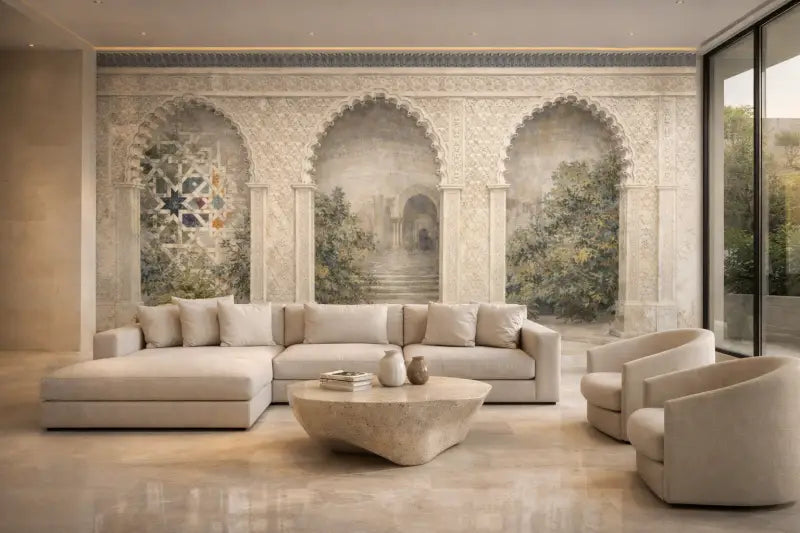 Canapé d’angle beige avec des coussins doux et moelleux et un design élégant et moderne.