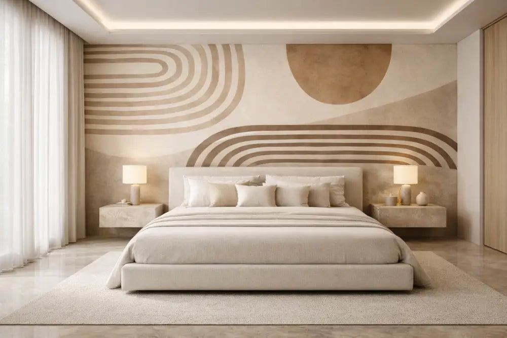 Lit moderne capitonné beige avec un design minimaliste et une tête de lit assortie.