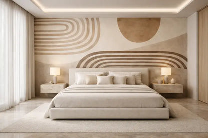 Lit moderne capitonné beige avec un design minimaliste et une tête de lit assortie.