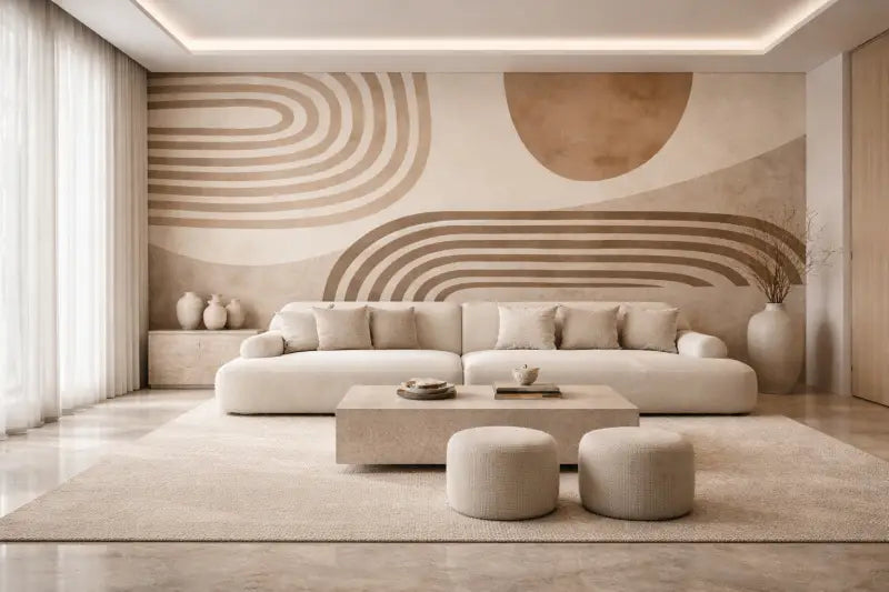 Canapé d’angle beige avec coussins doux et arrondis et un design minimaliste.